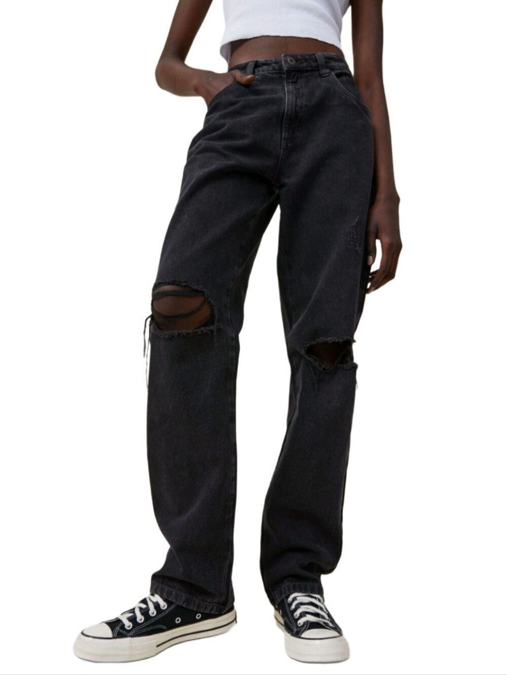 Cotton On Womens Black Long Straight Leg Distressed Ripped Knee Jeans Size 2